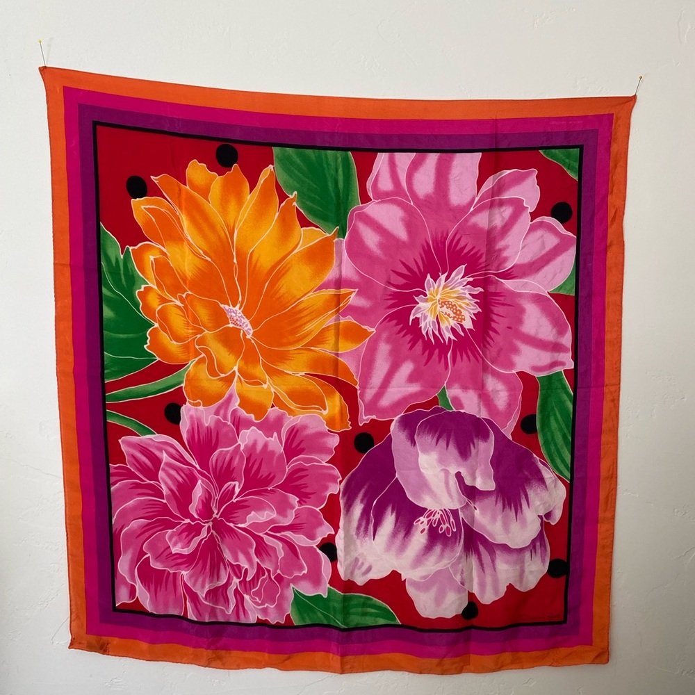 Oscar de La Renta Silk Scarf Floral Designer Print Square Travel Scarf
